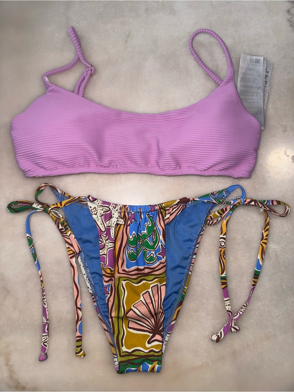 Lilac Ribbed Bikini Top & Patterned Tie-Side Bottoms